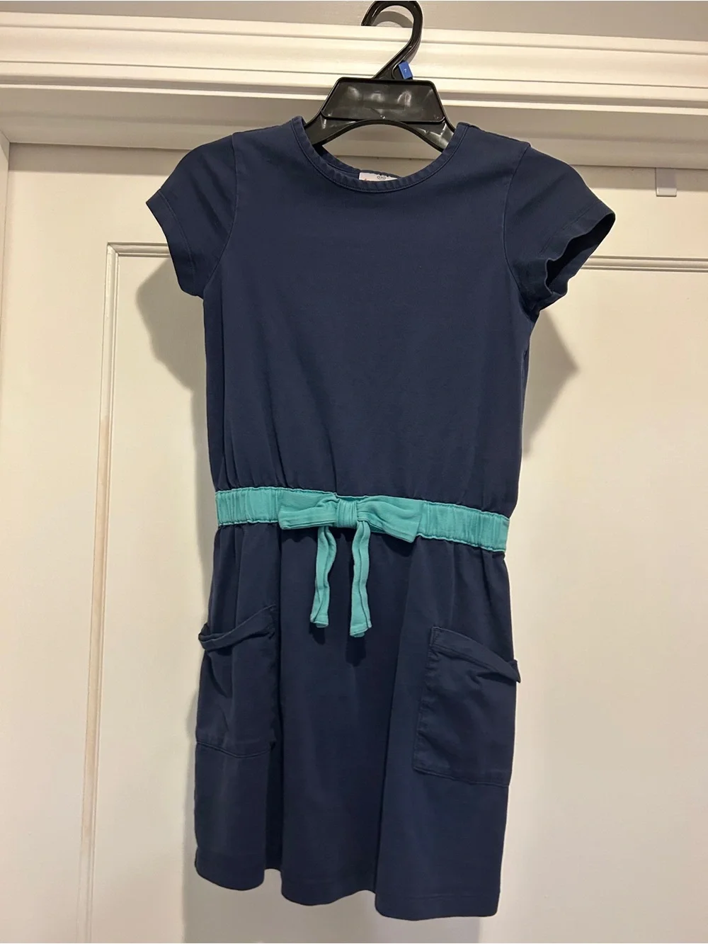 Hanna Andersson Navy Dress with Teal Waist Tie